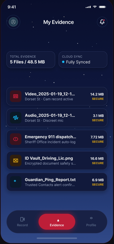 The iWatch Evidence Vault screen, listing recorded sessions with file size, location and Secure status.