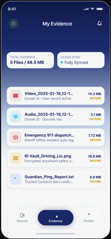 The iWatch Evidence Vault screen, listing recorded sessions with file size and Secure status.